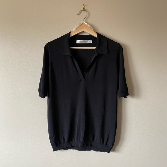 Black Jersey Collar V Neck T-shirt - Picture 2 of 10